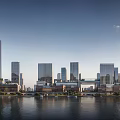 Tall Modern Office Buildings With Glass Facades Along Waterfront Urban Skyline