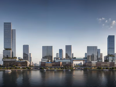 Tall Modern Office Buildings With Glass Facades Along Waterfront Urban Skyline 3d model