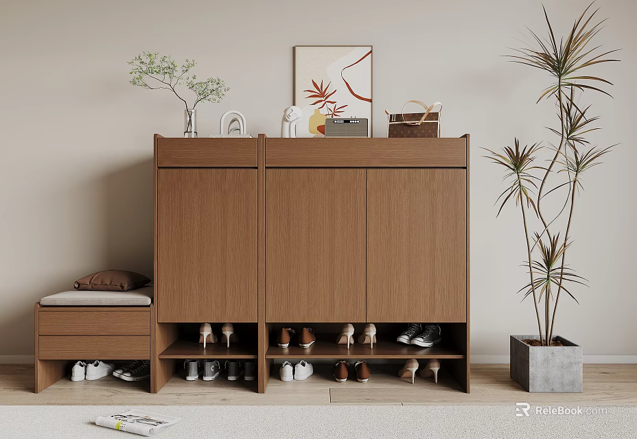 Modern Wooden Shoe Cabinet with Double Doors Shoe Shelves and Bench in Living Interior 3d model 