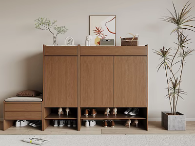 Modern Wooden Shoe Cabinet with Double Doors Shoe Shelves and Bench in Living Interior 3d model