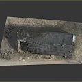 Old Red Brick Building Model With Damaged Gray Roof And Chimney Details