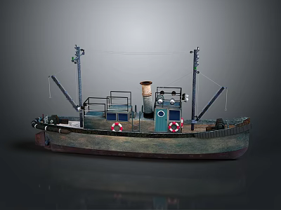 Vintage Model Ship With Green And Brown Hull Deck With Railings Red Life Rings Chimney 3d model
