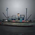Vintage Model Ship With Green And Brown Hull Deck With Railings Red Life Rings Chimney