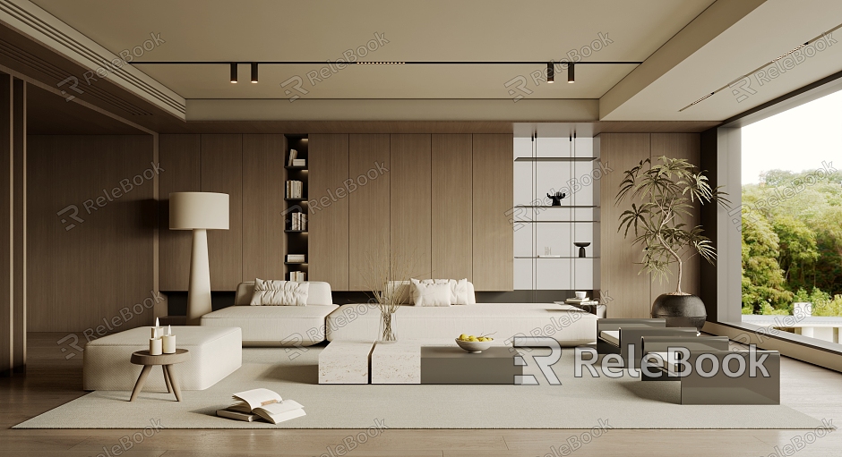 Living Room Sofa Single Chair Coffee Table Curtain Carpet Bookshelf Jewelry Chandelier Hanging Picture model