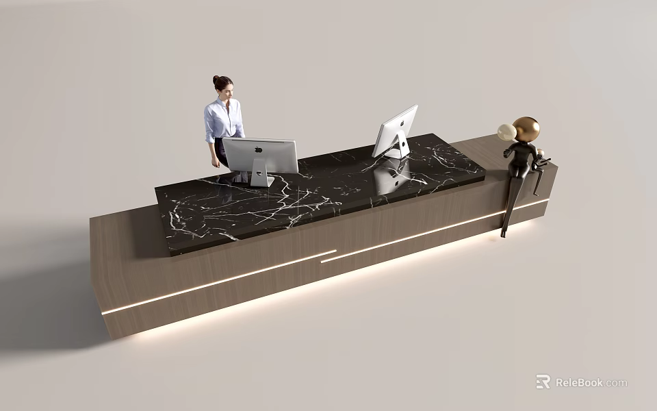 Modern Front Desk Reception Design With Marble Countertop Computers And Ambient Lighting 3d model 