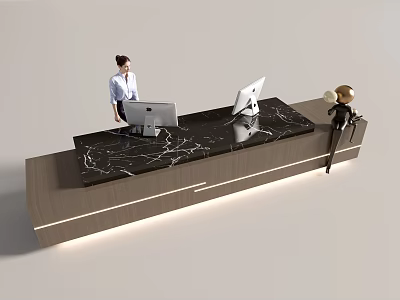 Modern Front Desk Reception Design With Marble Countertop Computers And Ambient Lighting 3d model