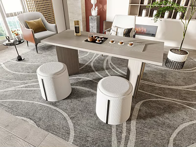 Modern Tea Table With White Stools And Tea Set On Gray Patterned Rug 3d model