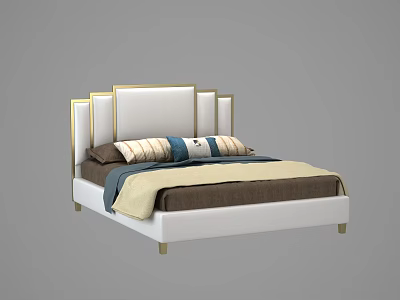 Modern Double Bed with White Gold Accent Headboard and Decorative Pillows Comforter 3d model