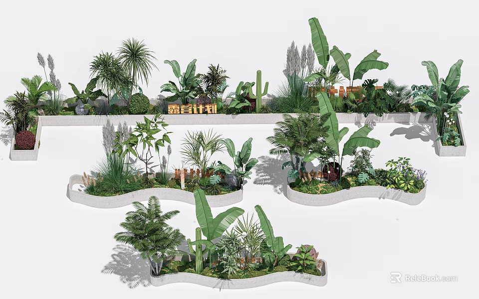 Garden Landscape Design With Various Green Plants Shrubs And Wavy Planters 3d model 