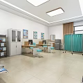 School Health Room Interior With Blue Curtains Cabinets Computer Desks Chairs And Posters
