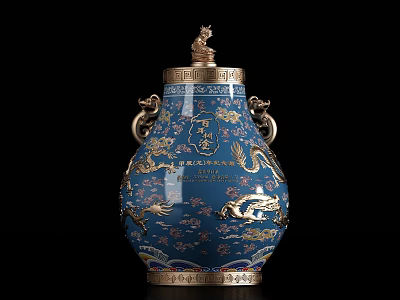 Traditional Chinese Blue Wine Bottle With Golden Dragon Phoenix Patterns And Ornate Handles 3d model