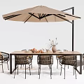 Outdoor Table with Tan Cantilever Umbrella and Wicker Chairs Fruits and Vase on Top