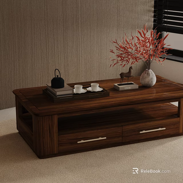 Wooden Sofa and Coffee Table Set with Drawers Red Branches Vase Teapot and Deer Figurine 3d model 