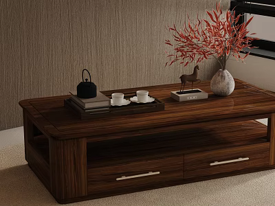 Wooden Sofa and Coffee Table Set with Drawers Red Branches Vase Teapot and Deer Figurine 3d model