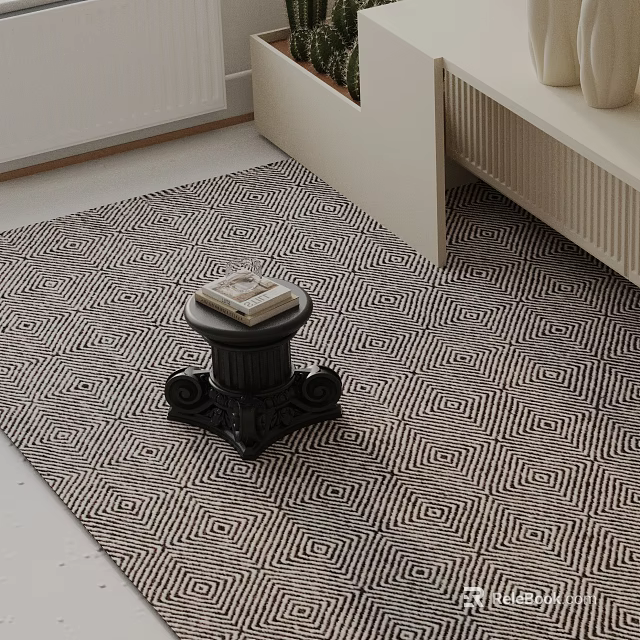 Black Carved Base Side Table With Book On Geometric Pattern Rug 3d model