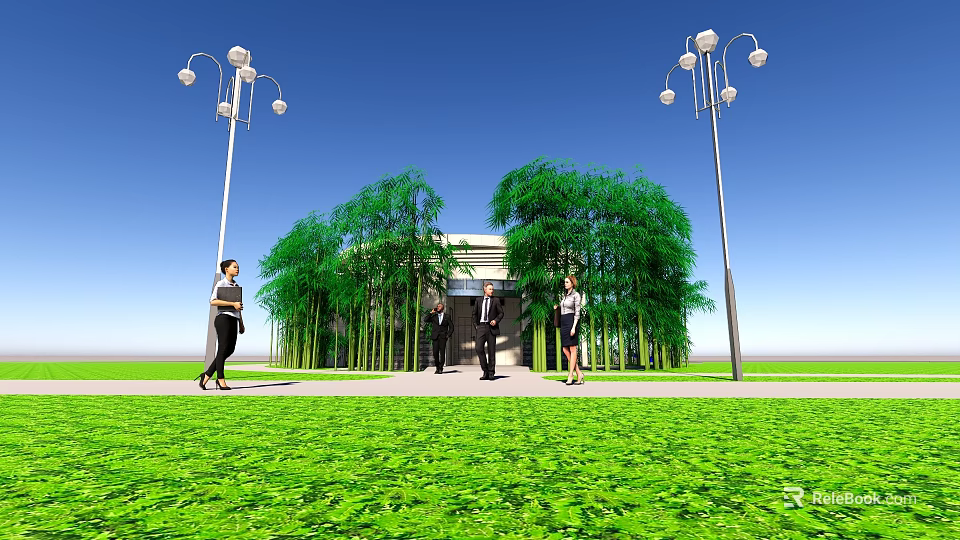 People Walking Near Modern Building With Green Lawn Street Lamps And Trees 3d model 