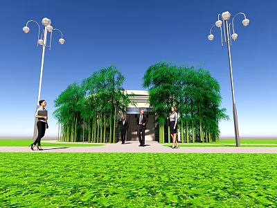 People Walking Near Modern Building With Green Lawn Street Lamps And Trees 3d model