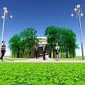 People Walking Near Modern Building With Green Lawn Street Lamps And Trees