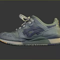 Vintage Worn Blue And Green Canvas Sneakers With White Laces And Yellow Sole