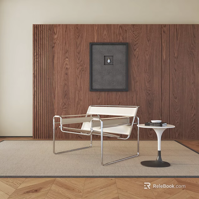 Modern White Leisure Chair With Metal Frame By Wooden Wall And Small Side Table 3d model 