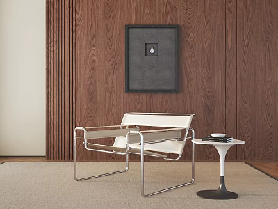 Modern White Leisure Chair With Metal Frame By Wooden Wall And Small Side Table 3d model