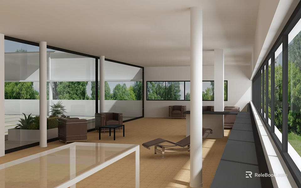 Bright Spacious Indoor Lounge With Large Glass Windows Overlooking Lush Green Natural Garden Landscape 3d model 