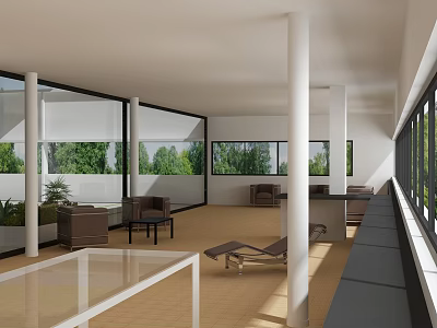 Bright Spacious Indoor Lounge With Large Glass Windows Overlooking Lush Green Natural Garden Landscape 3d model