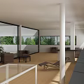 Bright Spacious Indoor Lounge With Large Glass Windows Overlooking Lush Green Natural Garden Landscape