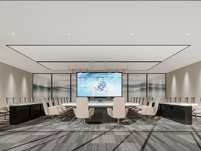 Modern Conference Room Interior With Large Screen Map And Charts And Conference Table 3d model
