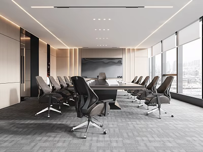 Modern Conference Room Interior Design With Large Conference Table Ergonomic Chairs And City View Windows 3d model