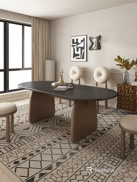 Modern Dining Table Set With Black Tabletop Wooden Legs Chairs And Geometric Rug 3d model 