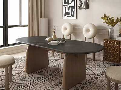 Modern Dining Table Set With Black Tabletop Wooden Legs Chairs And Geometric Rug 3d model