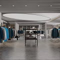Modern Clothing Store Interior With Racks Of Blue Gray White Garments And Display Shelves