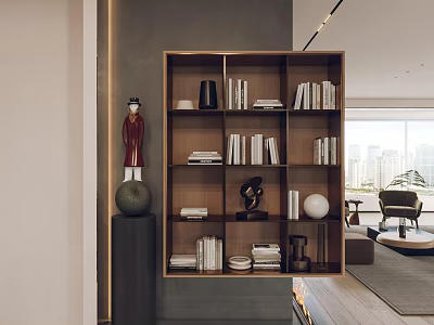 Modern Wooden Bookcase Design In Living Room With Books Decorative Statue And Green Plant 3d model