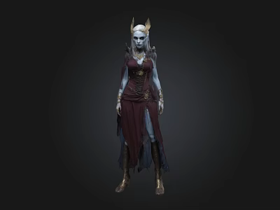 Fantasy Female Character With Horned Headdress Red Dress And Blue Skin 3d model