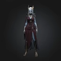Fantasy Female Character With Horned Headdress Red Dress And Blue Skin