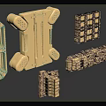 Golden Mechanical Parts With Various Different Shapes And Intricate 3D Design Details