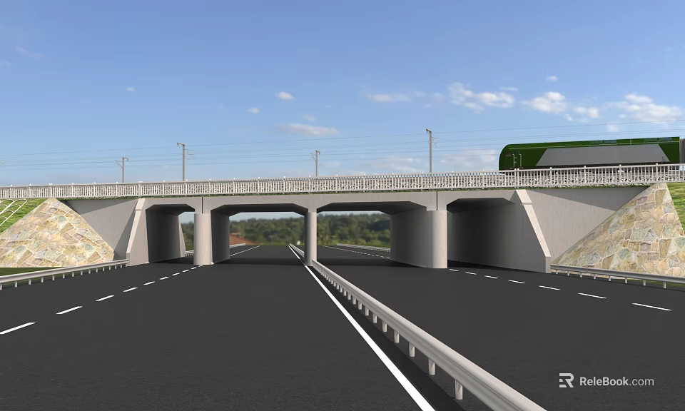 Modern Expressway Road Facilities With Overpass Bridge Guardrail Lane Markings Green Landscape And Clear Sky 3d model 