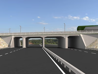 Modern Expressway Road Facilities With Overpass Bridge Guardrail Lane Markings Green Landscape And Clear Sky 3d model