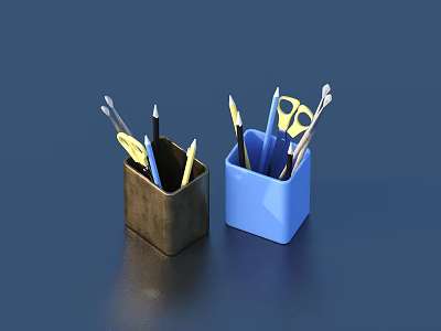 Pens in Brown and Blue Pen Holders with Scissors on Blue Desktop 3d model