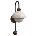 Modern Dome Shaped Wall Lamp With White Marble Lampshade Black Metal Stand And Wooden Balls