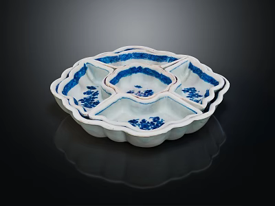 Practical Blue and White Ceramic Multi Compartment Serving Tray with Floral Pattern 3d model