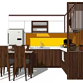 Modern Kitchen With Wooden Cabinets Yellow Backsplash Dining Table And Appliances