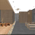 Traditional Teahouse Interior With Wooden Furniture Hanging Lanterns And Natural Decor
