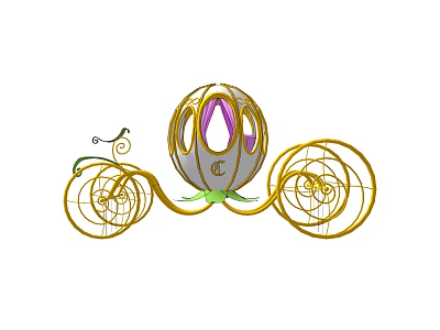 Golden Carriage Shaped Garden Ornament with Spiral Decorations Purple Interior and Green Base 3d model