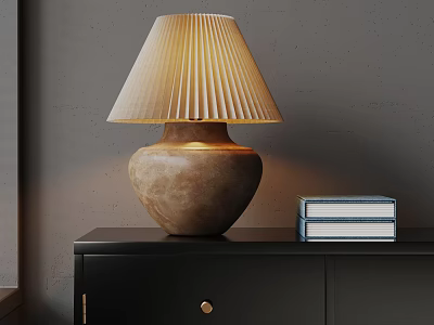 Pleated Beige Table Lamp On Black Cabinet With Stack Of Books 3d model