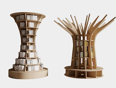Unique Modern Wooden Bookshelf Designs With Spiral And Tree Like Structures 3d model