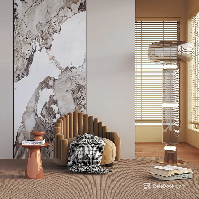 Modern Brown Fabric Accent Chair In Living Room With Side Table And Floor Lamp 3d model 