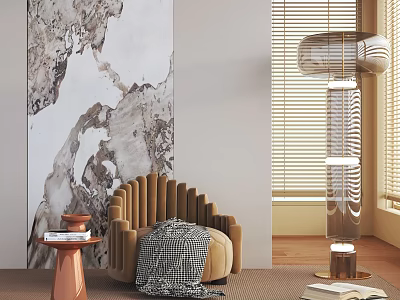 Modern Brown Fabric Accent Chair In Living Room With Side Table And Floor Lamp 3d model