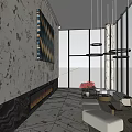 Modern Luxury Hotel Lobby Interior With Chandeliers Comfortable Sofas Fireplace And Geometric Rug